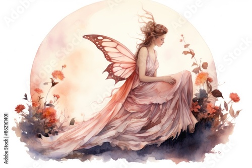 Enchanting sylph: fairy with wings, watercolor, mythical creature with translucent wings, radiant palette, delicate artistry, conjuring a vision of magical beauty, otherworldly allure. photo