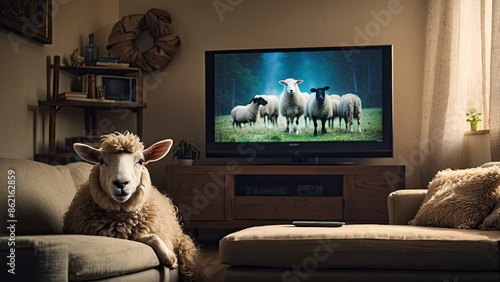 Sheep in front of the TV. Idea for a dreamy scene in which a sheep watches a brilliant TV screen while sitting obediently on a couch in a poorly light room. photo