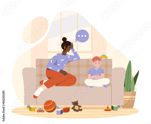 Mother with naughty boy at home. Woman talk with boy sitting at sofa. Mess and chaos in living or children room. Parenting process. Cartoon flat vector illustration isolated on white background