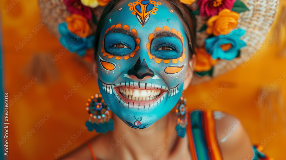 Excited woman with Mexican catrina face paint, captured in a lively Mexican restaurant with an orange backdrop. Excited woman with Mexican catrina face paint, captured in a lively Mexican restaurant with an orange backdrop.