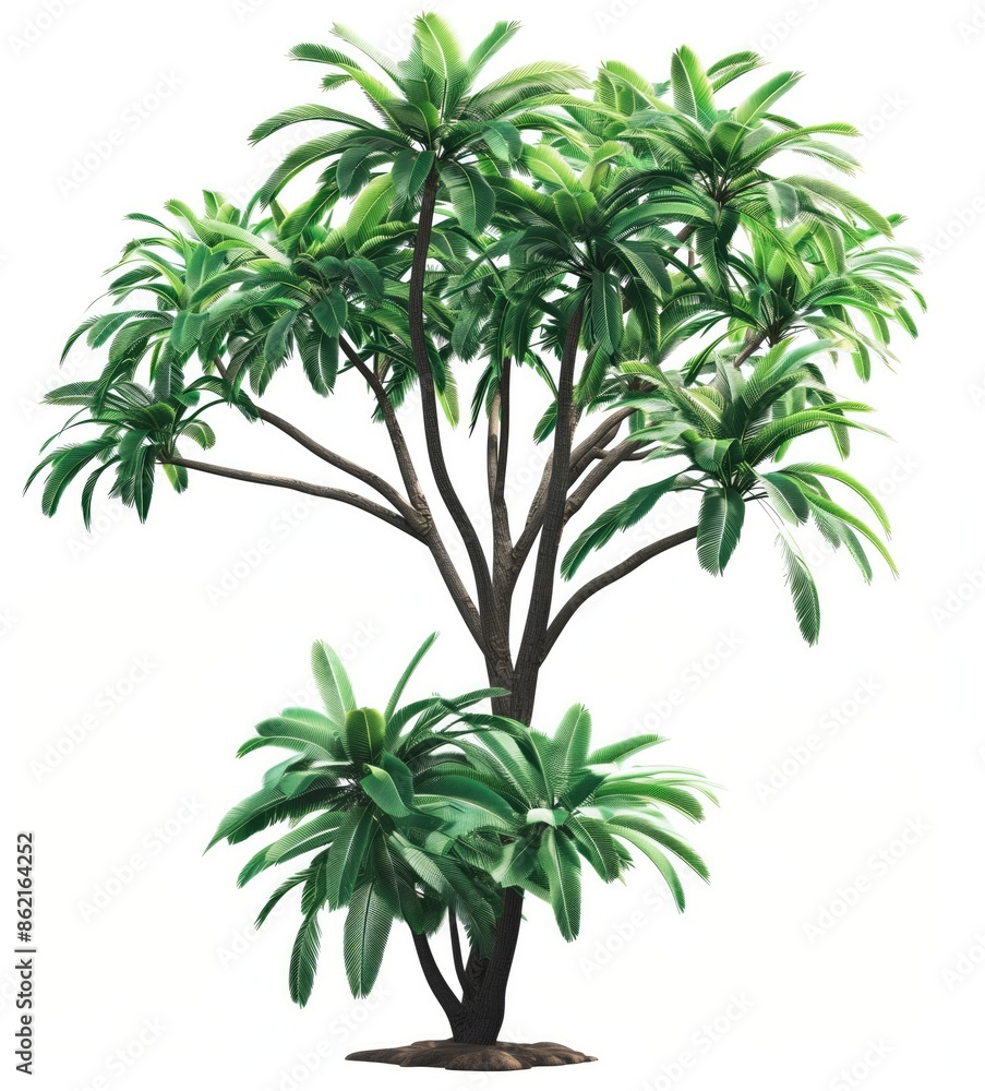 Obraz premium Lush Green Tropical Palm Tree with Multiple Branches and Leaves Isolated on White Background