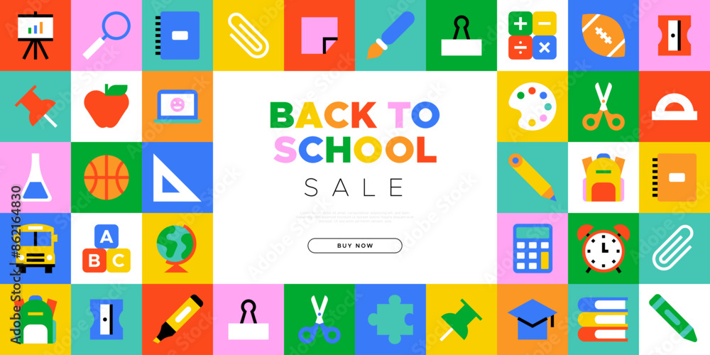 Back to school sale geometric web banner template. Modern flat education supplies cartoon icon background, fun study supply illustration. Children stationery shop, online business discount design. Back to school sale geometric web banner template. Modern flat education supplies cartoon icon background, fun study supply illustration. Children stationery shop, online business discount design.