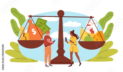 People distribute funds. Man and woman near weights with food and money. Rising food prices, inflation and financial crisis. Economic downturn and instability. Cartoon flat vector illustration