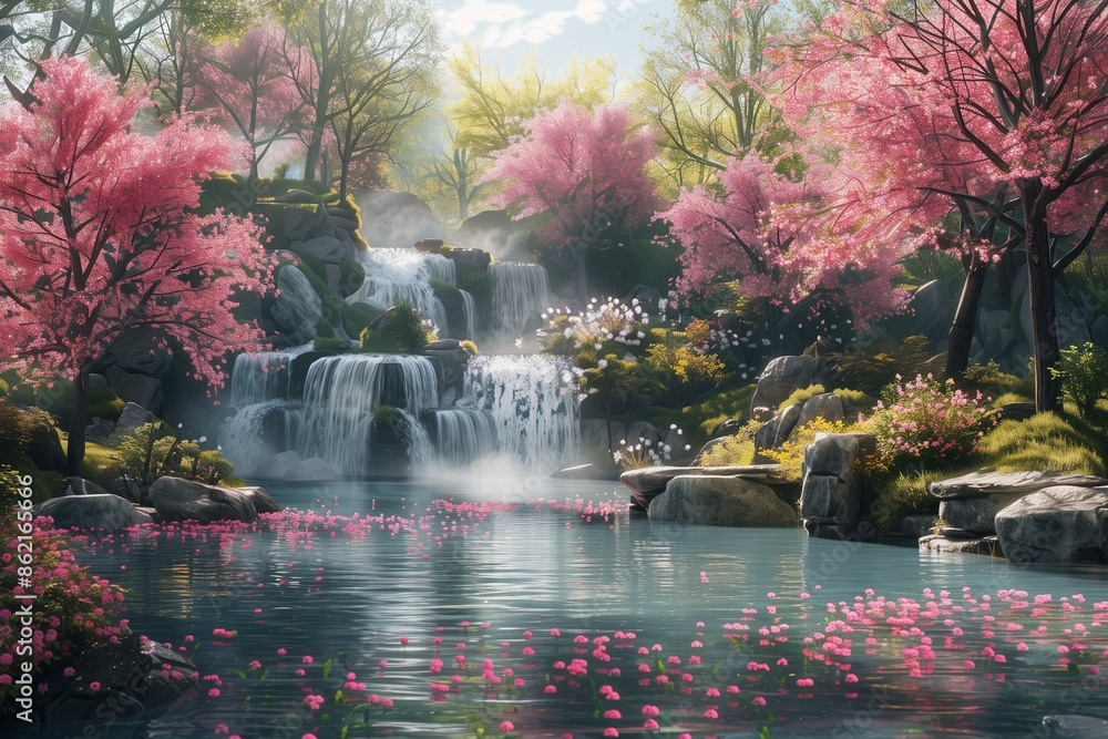 Naklejka premium Tranquil garden with trees in bloom, waterfalls and a river
