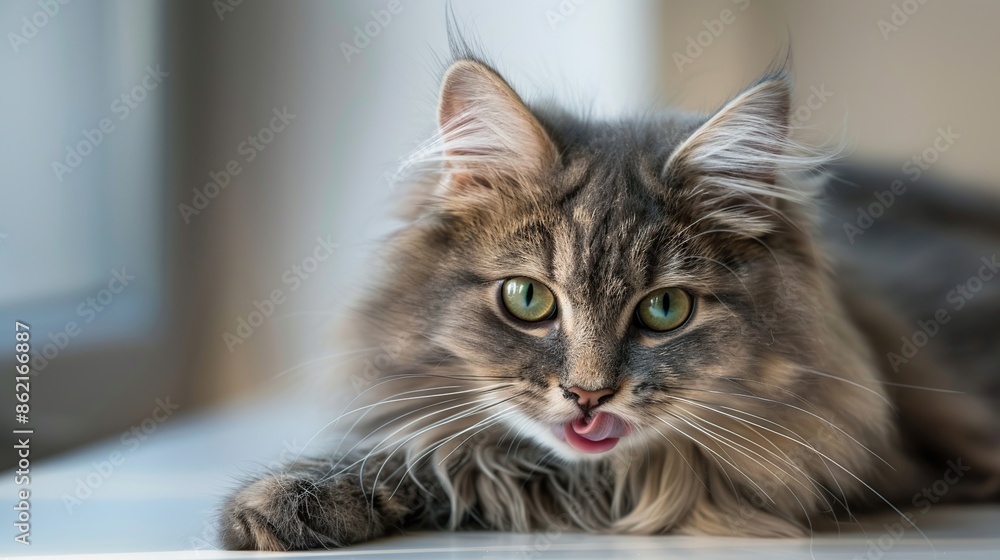 Close-Up Portrait of a Grey Tabby Cat Licking its Lips