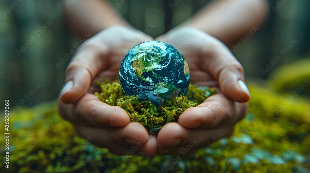 Hands supporting a tiny green planet, symbolizing dedication to Earth conservation and sustainability Hands supporting a tiny green planet, symbolizing dedication to Earth conservation and sustainability