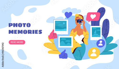 Photo memories banner. Woman with camera near pictures and images. Girl with scrapbook. Character with photographies from travels. Landing webpage design. Cartoon flat vector illustration
