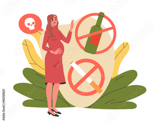 Pregnant woman gives up bad habits. Person refuse from alcohol and cigarettes. Young girl dont want nicotine and alcoholic products. Cartoon flat vector illustration isolated on white background