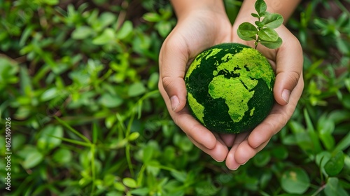 Hands gently supporting a small green planet, representing human responsibility for nature