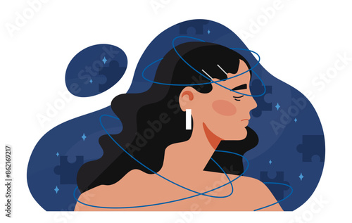 Psychological childhood trauma. Woman with ropes near head. Negative feelings and emotions. Frustration and depression. Mental isues and psychological disorder. Cartoon flat vector illustration
