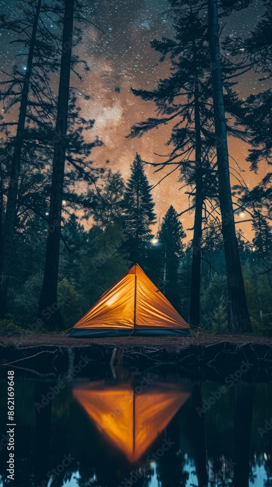 Orange tent in forest under starry sky with milky way, reflected in water. Adventure and nature concept Orange tent in forest under starry sky with milky way, reflected in water. Adventure and nature concept