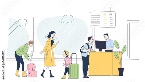 Queue gate in airport concept. People with luggage in airport. Tourists and travelers waiting for flight. Man checking documents. Linear flat vector illustration isolated on white background