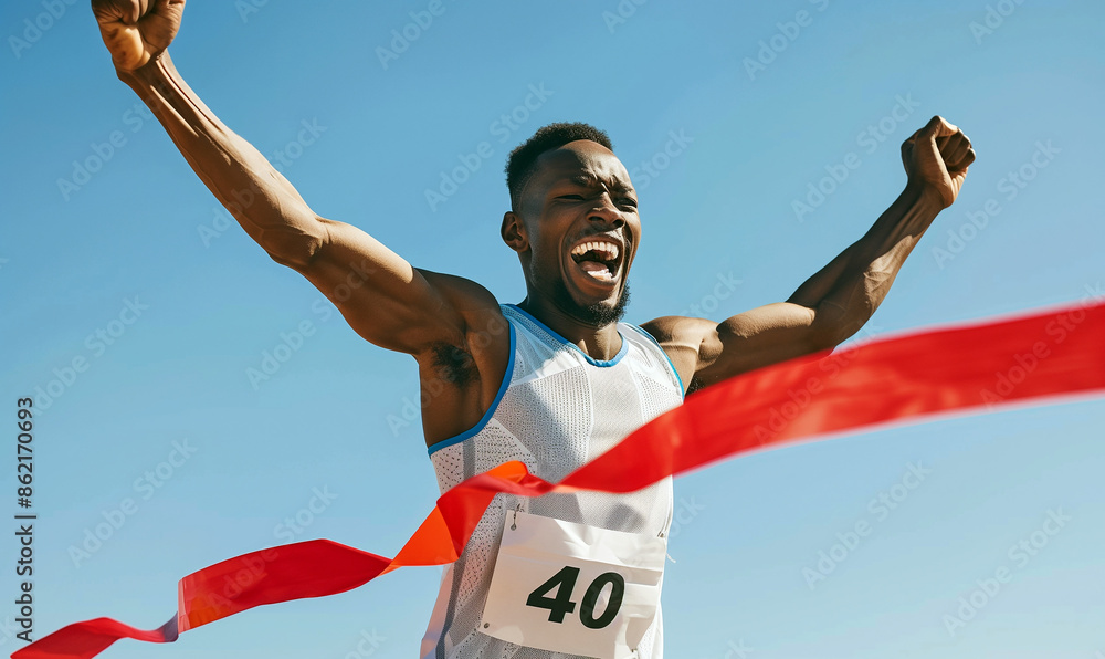 A happy black man crossing the finish line of an athletic race