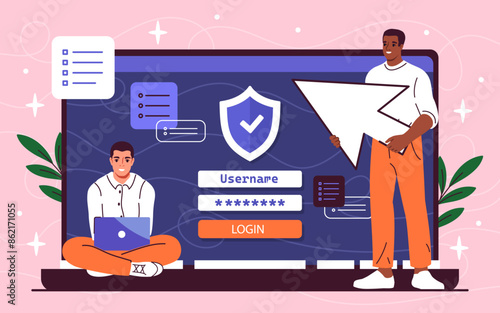 Registration at website. Men with digital laptop enter login and password. Process of creating account in social networks. Profile at messenger and website. Cartoon flat vector illustration