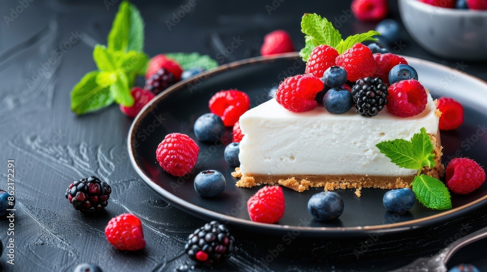 Cheesecake topped with a bounty of fresh berries and mint leaves Cheesecake topped with a bounty of fresh berries and mint leaves