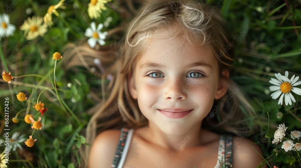 Joyful Youngster Resting on Lush Green Meadow with a Smile Joyful Youngster Resting on Lush Green Meadow with a Smile