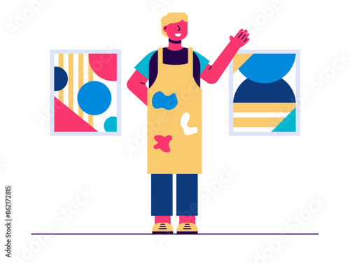 Male artist on art gallery. Art studio vector illustration