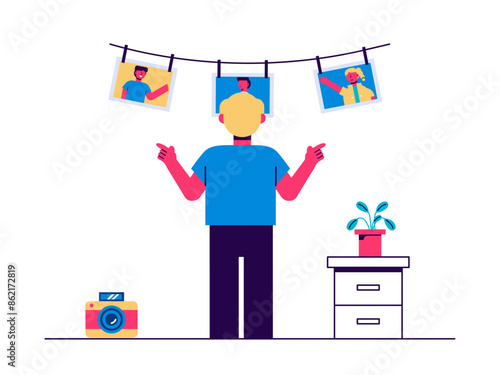 Young man hang photos in darkroom. Art studio vector illustration