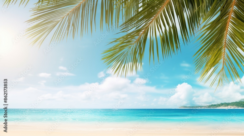 Tropical summer sand beach and palm on sea sky background, copy space Tropical summer sand beach and palm on sea sky background, copy space