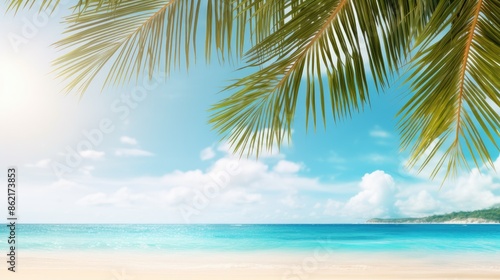 Fototapeta Naklejka Na Ścianę i Meble -  Tropical summer sand beach and palm on sea sky background, copy space