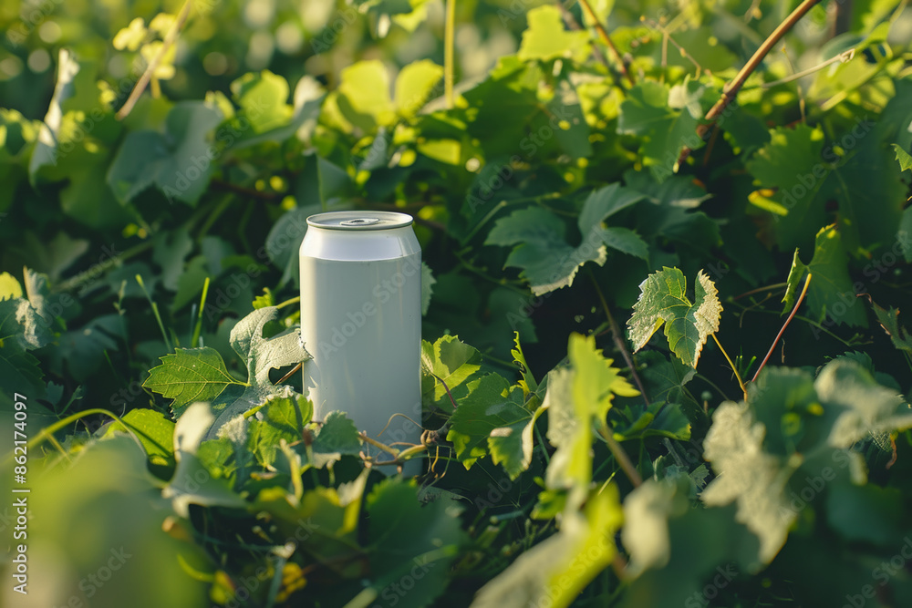 A close-up shot of a white can mockup, placed amidst lush green vines in a picturesque vineyard setting. The composition captures the can's elegance against the backdrop of the flourishing vineyard. A close-up shot of a white can mockup, placed amidst lush green vines in a picturesque vineyard setting. The composition captures the can's elegance against the backdrop of the flourishing vineyard.
