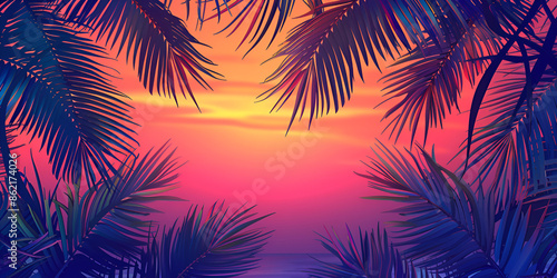 Tropical Sunset: Serene Beach View Framed by Palm Leaves