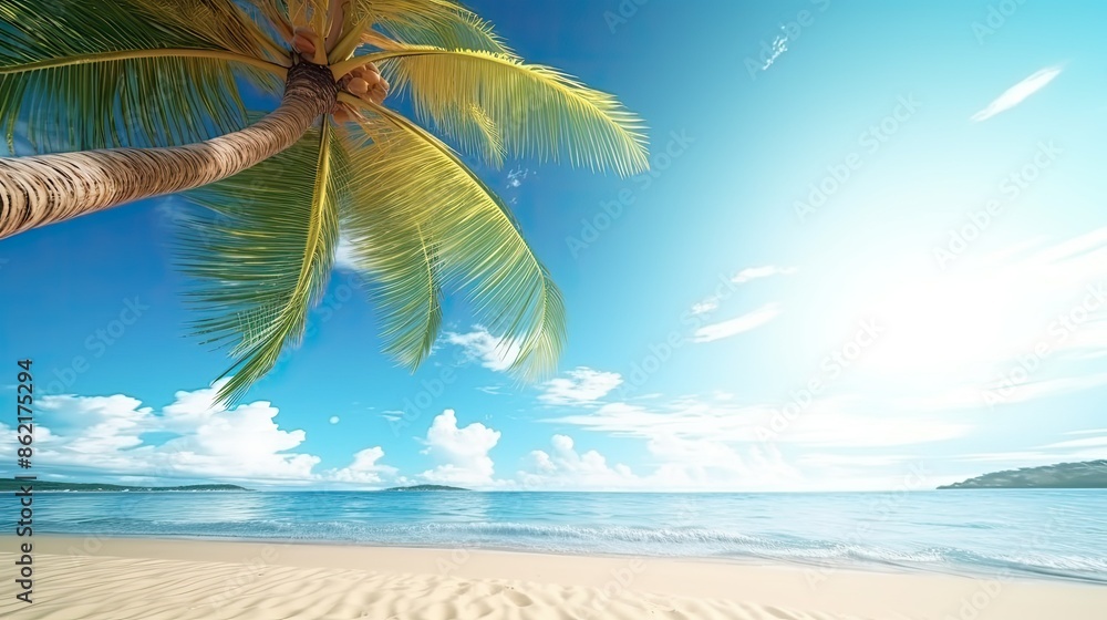 Naklejka premium Tropical summer sand beach and palm on sea sky background, copy space