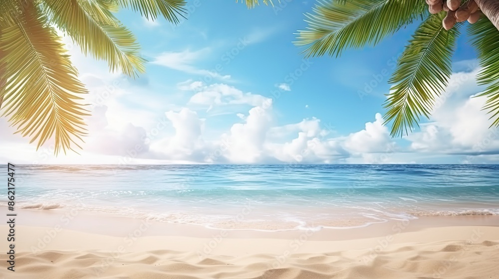 Tropical summer sand beach and palm on sea sky background, copy space Tropical summer sand beach and palm on sea sky background, copy space