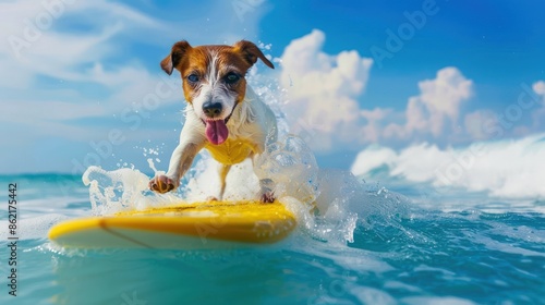 A dog is surfing on a yellow surfboard in the ocean. Generate AI image