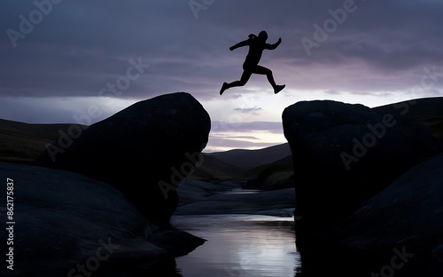 Man jump through the gap between hill.man jumping over cliff on sunset background,Business concept idea