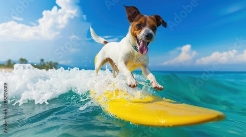 A dog is surfing on a yellow surfboard in the ocean. Generate AI image