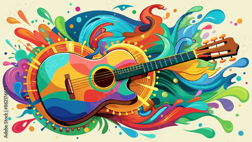 A colorful acoustic guitar with a vibrant abstract background of paint splatters and splashes
