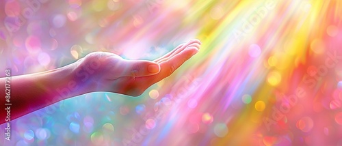 Open hand with rays of light radiating from,healing and spiritual energy on abstract background.