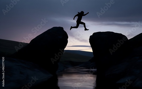 Man jump through the gap between hill.man jumping over cliff on sunset background,Business concept idea