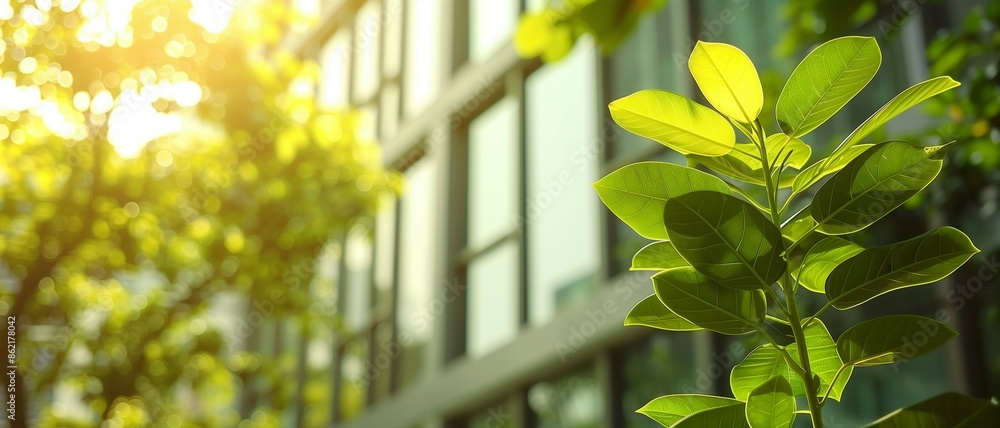 Green plant in front of office building,sunlight shining,natural and sustainable business practice Green plant in front of office building,sunlight shining,natural and sustainable business practice