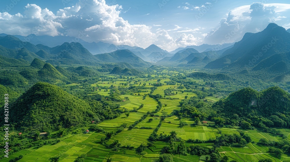 Aerial perspective of the lush green valleys and hills in Mai Chau Aerial perspective of the lush green valleys and hills in Mai Chau