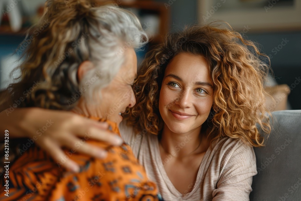 A young woman with curly hair and a joyful expression embraces an elderly woman, showing a warm and loving connection, with an indoor home setting blurred in the background.