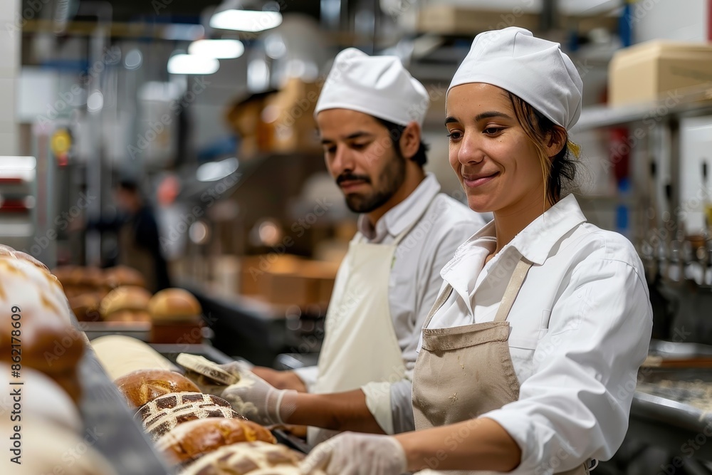 A man and a woman, both dressed in white bakery uniforms and hats, work side by side in a bakery shop, applying butter to freshly baked bread, showing teamwork and dedication. A man and a woman, both dressed in white bakery uniforms and hats, work side by side in a bakery shop, applying butter to freshly baked bread, showing teamwork and dedication.