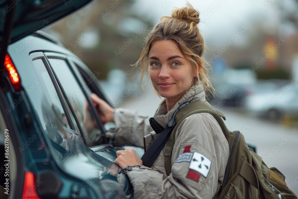 A young woman dressed in casual outdoor clothing loads her car with bags in a parking lot, portrayals of outdoor activities and mobility in daily life. A young woman dressed in casual outdoor clothing loads her car with bags in a parking lot, portrayals of outdoor activities and mobility in daily life.