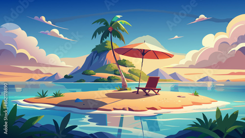 An island in the ocean, the horizon is clear. a small island in the ocean without vegetation, only sand and there is a beach chair under an umbrella from the sun, high quality