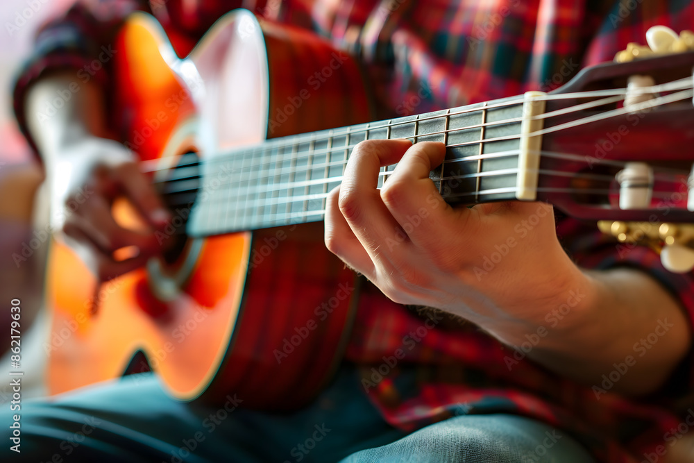 Obraz premium Intimate Moment of a Musician Mastering Guitar Chords