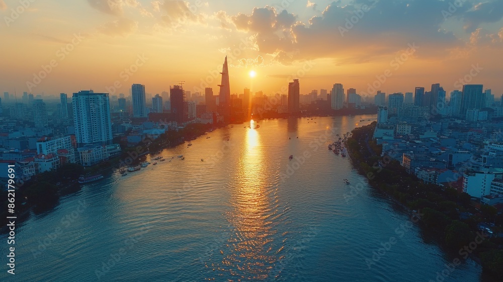 Fototapeta premium Drone shot of the modern skyline and landmarks of Ho Chi Minh City