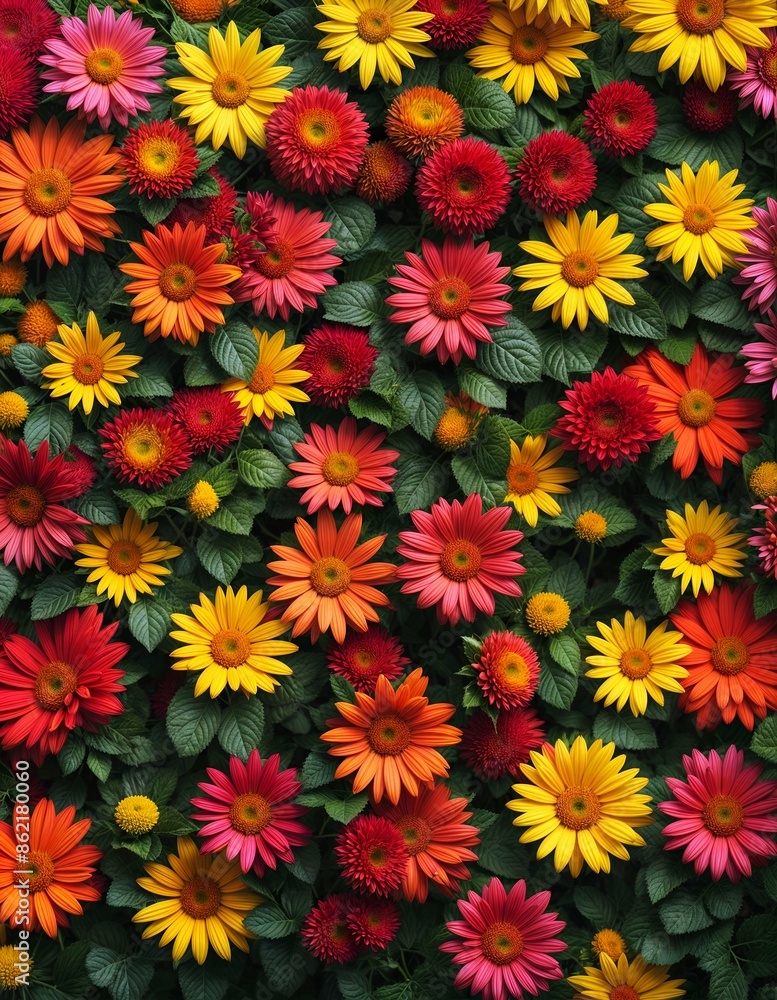 A wall of colorful flowers, red and yellow daisies, orange and pink marigolds, green leaves, a beautiful background A wall of colorful flowers, red and yellow daisies, orange and pink marigolds, green leaves, a beautiful background