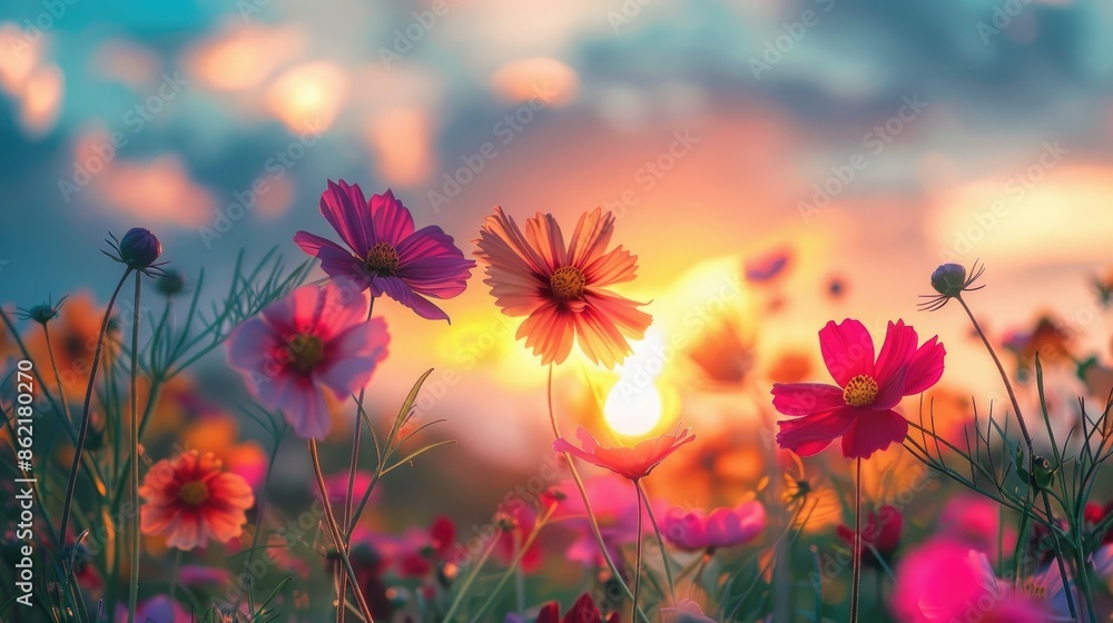 Obraz premium Colorful cosmos flowers in the field at sunrise