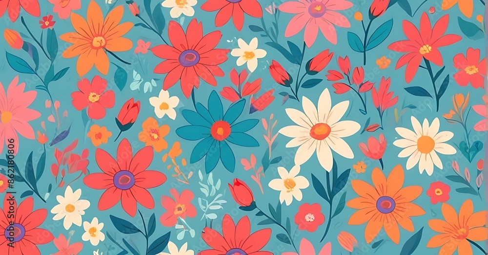 Bright floral pattern with small blue, pink, and yellow flowers. Bright floral pattern with small blue, pink, and yellow flowers.