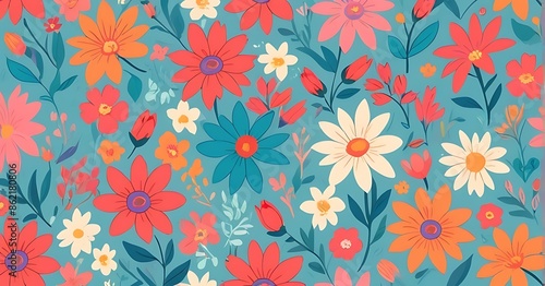 Bright floral pattern with small blue, pink, and yellow flowers.