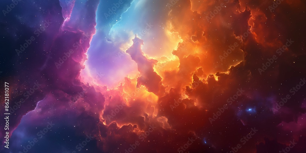 A stunning digital artwork of vibrant nebula clouds in space, depicting a beautiful blend of blues, purples, and oranges with starry highlights. A stunning digital artwork of vibrant nebula clouds in space, depicting a beautiful blend of blues, purples, and oranges with starry highlights.