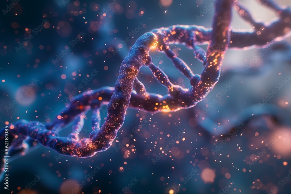A close-up artistic rendering of a glowing DNA double helix with vibrant colors and particle effects, set against a dark, blurred background. A close-up artistic rendering of a glowing DNA double helix with vibrant colors and particle effects, set against a dark, blurred background.