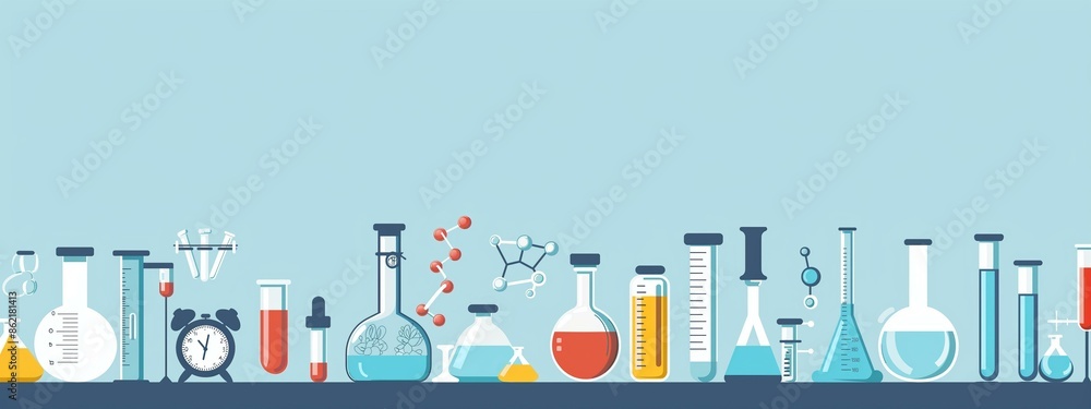 Naklejka premium Flat vector illustration depicting various scientific equipment such as beakers, flasks, test tubes, and molecular structures, arranged on a lab bench with a light blue background.