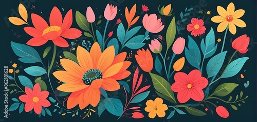 Colorful floral pattern with orange, yellow, and pink flowers.